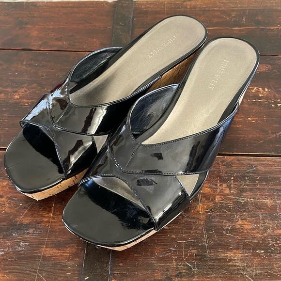 Nine West Black Patent Wedge Sandals Size 10 - Picture 1 of 7